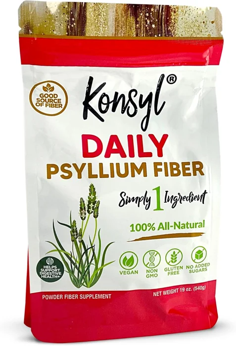 Konsyl Daily Psyllium Fiber powder pouch, single-ingredient psyllium husk