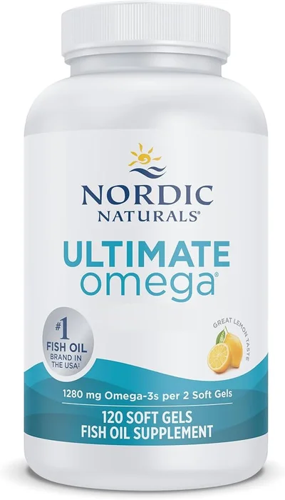 Nordic Naturals Ultimate Omega lemon fish oil bottle, 120 soft gels